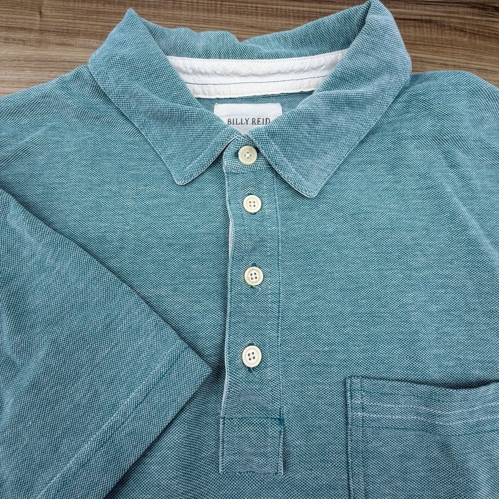 Billy Reid‎ Polo Shirt Mens Medium Blue Heather Pocket Trim Cotton Blend